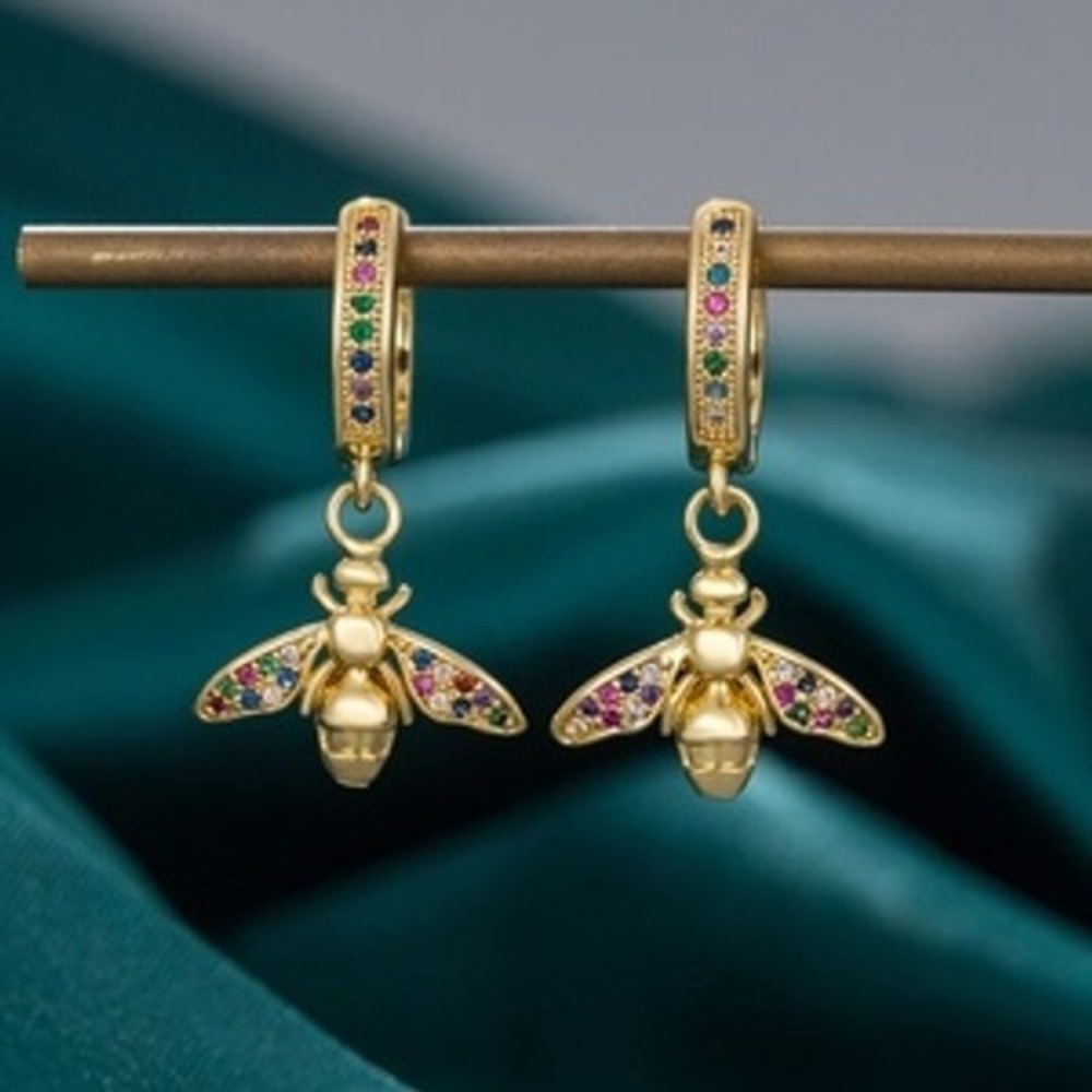 Gold Rainbow Crystal Honeybee Huggie Drop Earrings Multi Color Bee Dangle Women